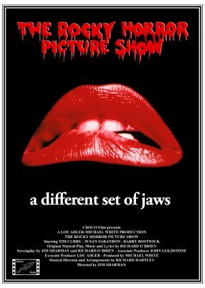 the rocky horror picture show poster for a different set of jawss, which features red lips