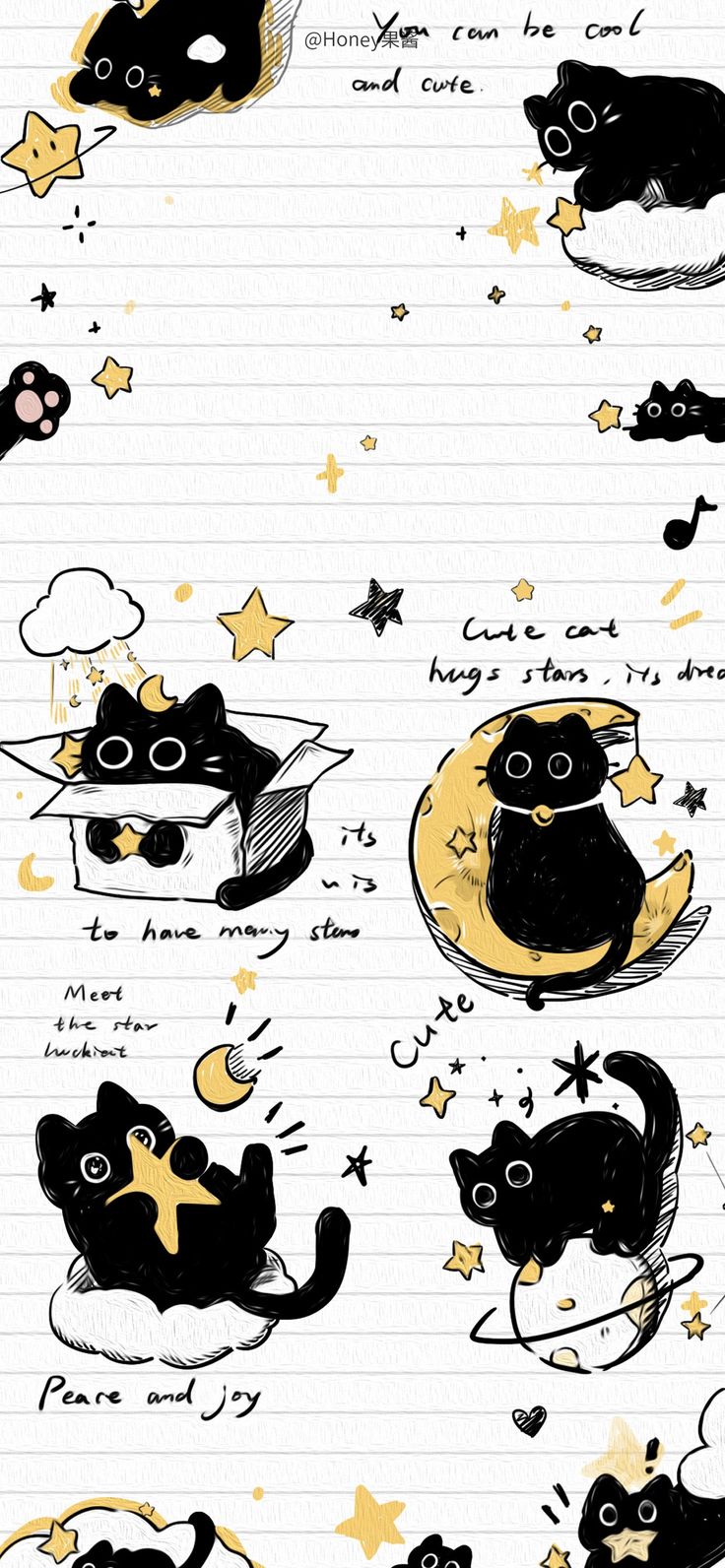 an image of cats and stars on lined paper