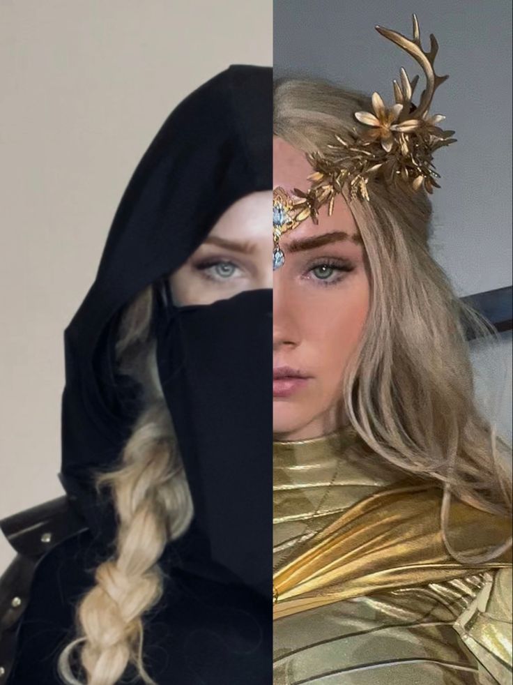 three different images of the same woman in gold and black clothing, one with horns on her head