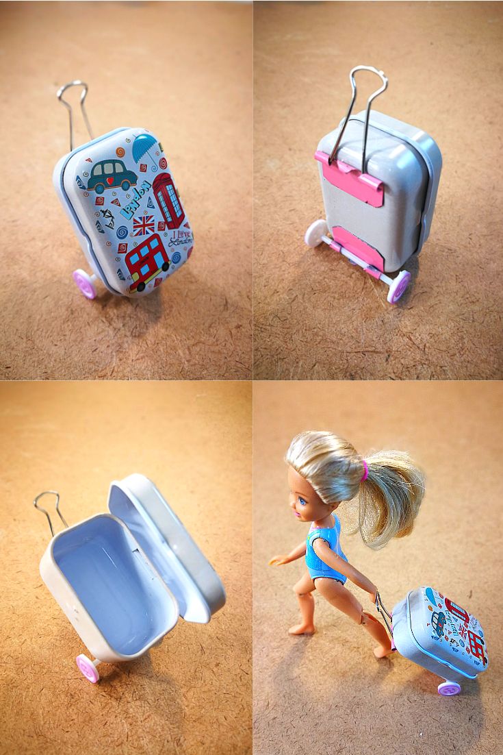 four pictures of barbie dolls with suitcases on the floor and one has a doll in it