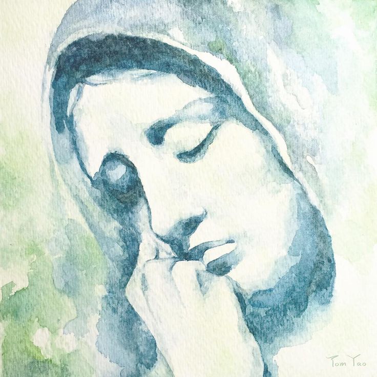 a watercolor painting of a woman's face with her hands on her chin