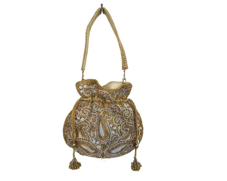 Indian Potli Bags For Parties, Wedding And Festivals, Pearl Evening Bag With Wrist Strap, Pearl Drawstring Bags The potli bag holds a significant place in the cultural heritage of ancient Bhopal, linking back to early tribal traditions that crafted ornaments from various materials. Initially recognized by the Begums (Female Rulers), who added a Persian touch, the craft has evolved into an integral aspect of Nawabi Culture. Today, the beaded potli bags are part of the rich cultural heritage of th Festive Gift Potli Bag, Bohemian Gold Bags With Latkans, Gold Shoulder Bag With Handwork For Festivals, Elegant Festival Bags For Festive Occasions, Elegant Festival Bags Suitable For Gifts, Elegant Festival Bags For Gifts, Elegant Festive Bags For Festival, Elegant Festival Gift Bags, Elegant Festival Bags