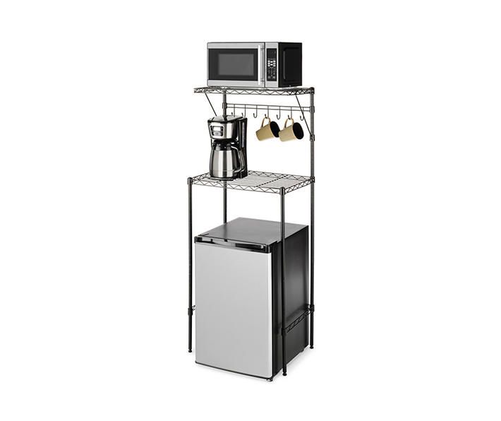 a microwave, toaster and coffee maker on a metal shelving unit with two shelves