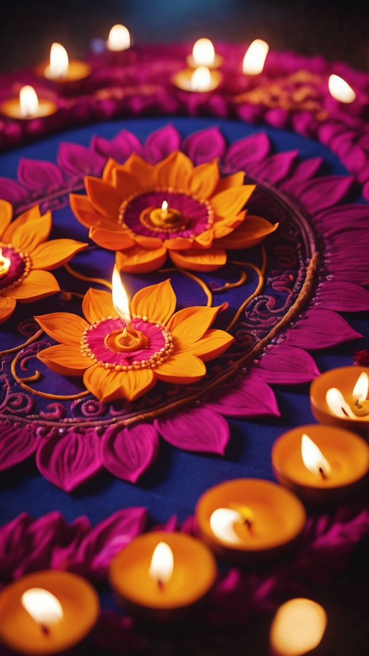 lit candles are arranged in the shape of flowers on a plate with purple and yellow petals