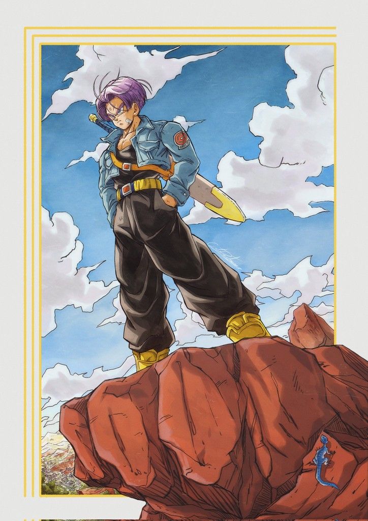 an anime character is standing on top of a rock