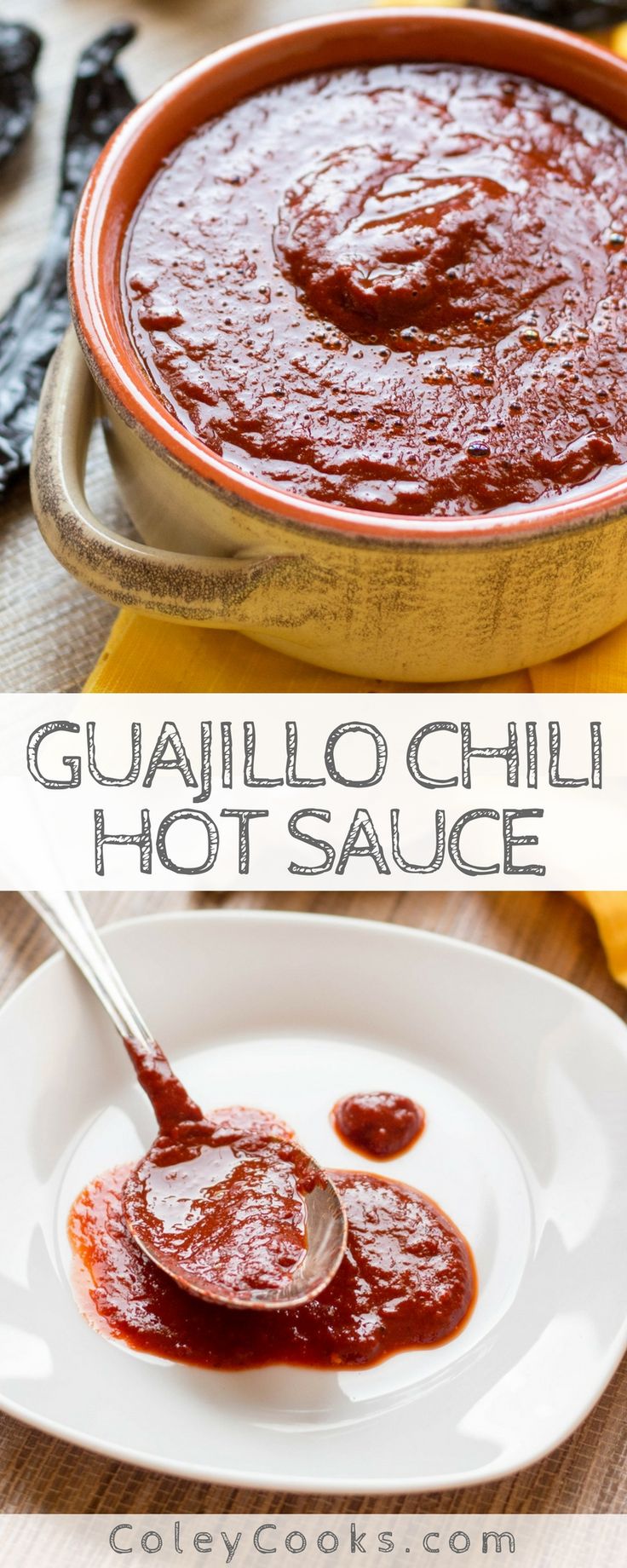 two pictures showing how to make guanillo chili hot sauce in a pot and on a plate