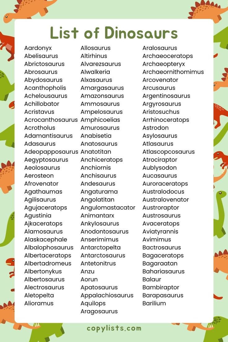 a list of dinosaurs in 3 columns with a cartoon dinosaur background List Of Birds, List Of Animals, Types Of Animals, Copy Paste, Dinosaurs, On Earth, Mammals, The Incredibles, Animals