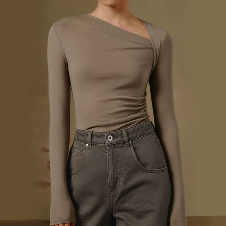 Soft Tan, Cappuccino Color Brown Long Sleeve Top // Stretch Knit Fabric // Slimming Women's Shirt Composition: 92% Polyester, 8% Elastane Design: Minimal Plain Classic Style: Casual, Elegant Thickness: Regular Sheer: No Sleeve Length: Long Sleeve Neckline: Asymmetrical Neck Occasion: Leisure Size: L (Full Size Guide Info Included In Pictures With Measurements) Clothes Length: Regular Stretch: Slight Stretch Fit Type: Slim Fit Care Instructions: Wash Cold With Like Colors Do Not Bleach More Pictu Trendy Long Sleeve Taupe Top, Casual Beige Top With Asymmetrical Hem, Trendy Fitted Taupe Tops, Chic Asymmetrical Beige Top, Taupe Stretch Long Sleeve Tops, Chic Taupe Winter Tops, Feminine Top, Asymmetric Neckline, Orange Blouse