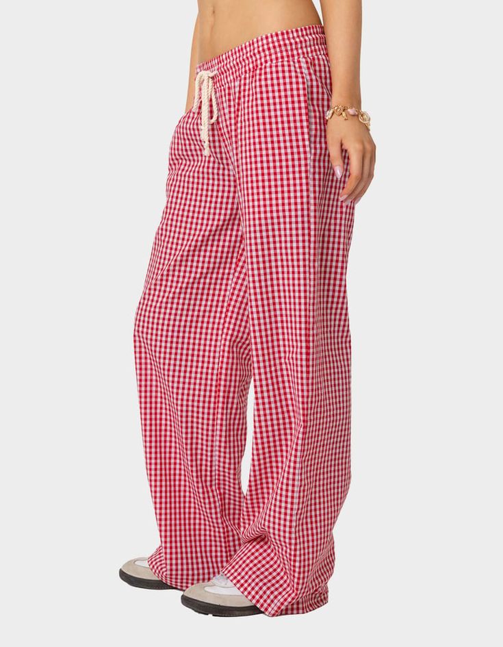 EDIKTED Taya Gingham Pants - RED | Tillys Cotton Gingham Bottoms For Loungewear, Gingham Cotton Pants, Red Gingham Pants, Summer Gingham Loungewear Bottoms, Gingham Bottoms With Pockets, Short Style, Wwe T Shirts, Gingham Pants, Flannel Sweatshirt, Girls Blouse