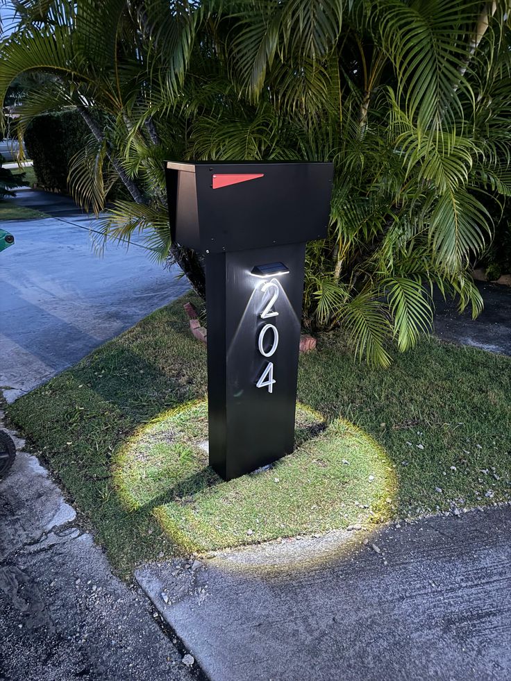 a black mailbox sitting on the side of a road next to a palm tree