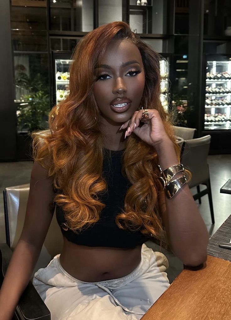 Light Brown Wig On Dark Skin, Honey Blonde Wig Dark Skin, Honey Brown Black Women, Brown Wig On Dark Skin, Dirty Blonde Hair Black Women, Dyed Hair On Dark Skin Women, Copper Hair On Dark Skin, Copper Hair Dark Skin, Dark Skin Hair Color Ideas