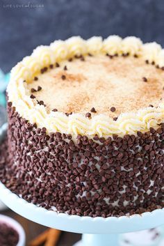 a chocolate cake with white frosting and sprinkles