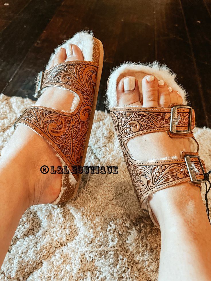 Tooled Leather Sandals, Fur Sandals, Tooled Leather, Gift Boutique, Custom Branding, Leather Tooling, Brand You, Custom Items, Leather Sandals