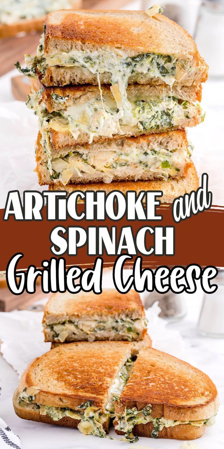 artichoke and spinach grilled cheese sandwich stacked on top of each other