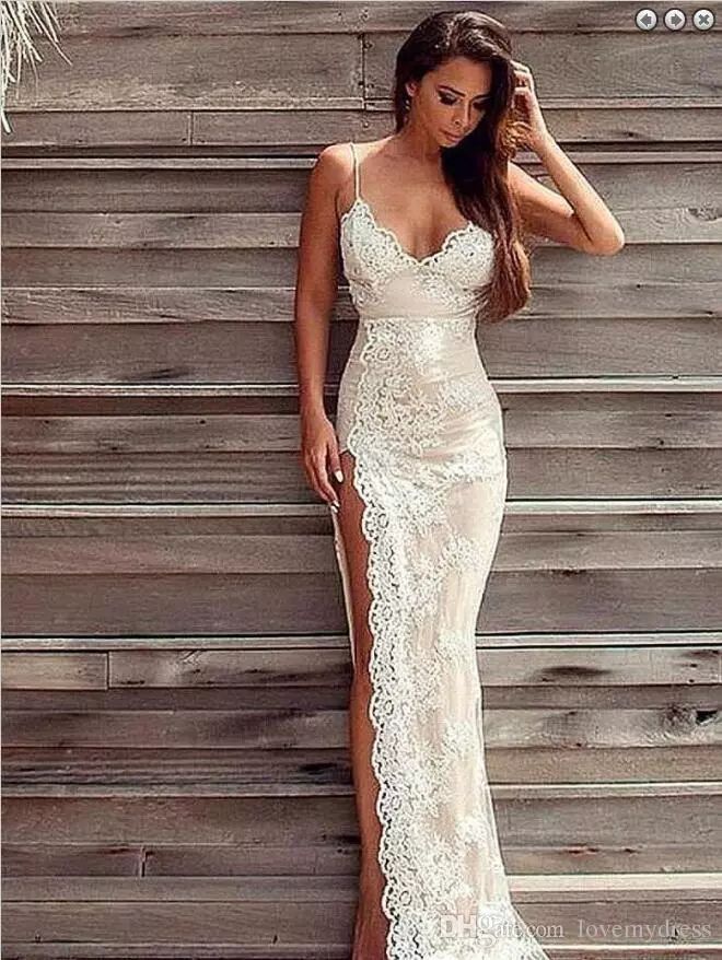 Sexy High Slit Lace Wedding Dresses With Spaghetti Straps White Lace Applique Champagne Satin Sheath Beach Backless Bridal Gown Cheap Sheath Wedding Dress With Sleeves Sheath Wedding Dresses With Sleeves From Lovemydress, $70.36| Dhgate.Com