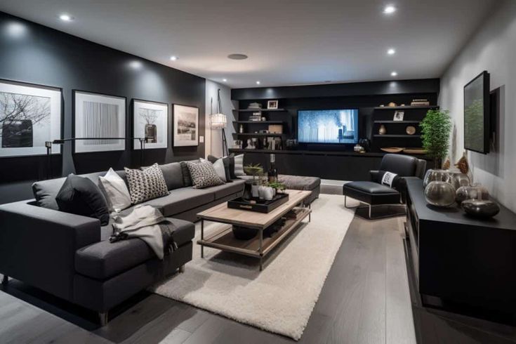 a living room filled with lots of furniture next to a wall mounted flat screen tv