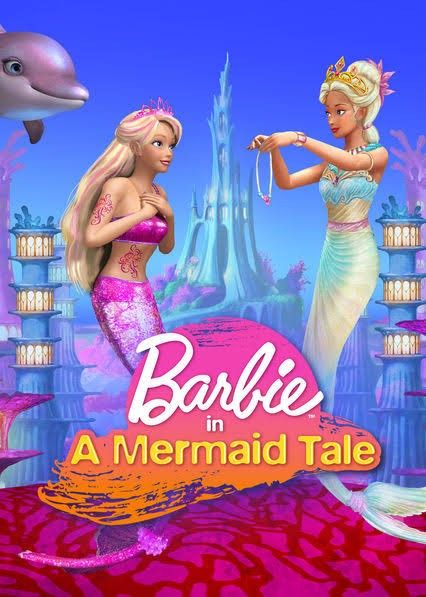 barbie in a mermaid tale poster with two girls and a dolphin on the back ground