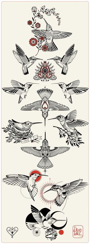 several birds flying around each other in the air with red and white designs on them