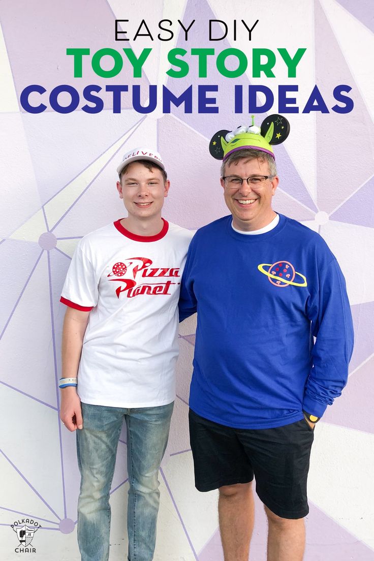 two men standing next to each other in front of a wall with the words easy diy toy story costume ideas