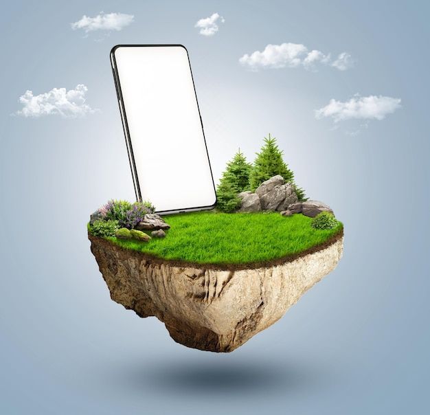 an open cell phone sitting on top of a floating island with grass and rocks in the air