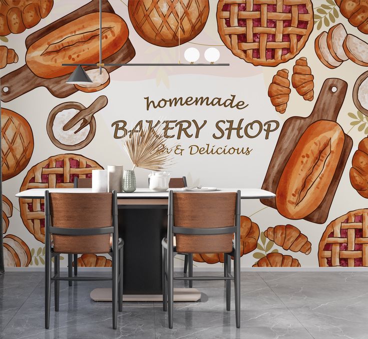 a bakery shop wall mural with bread and pies painted on the wall behind it