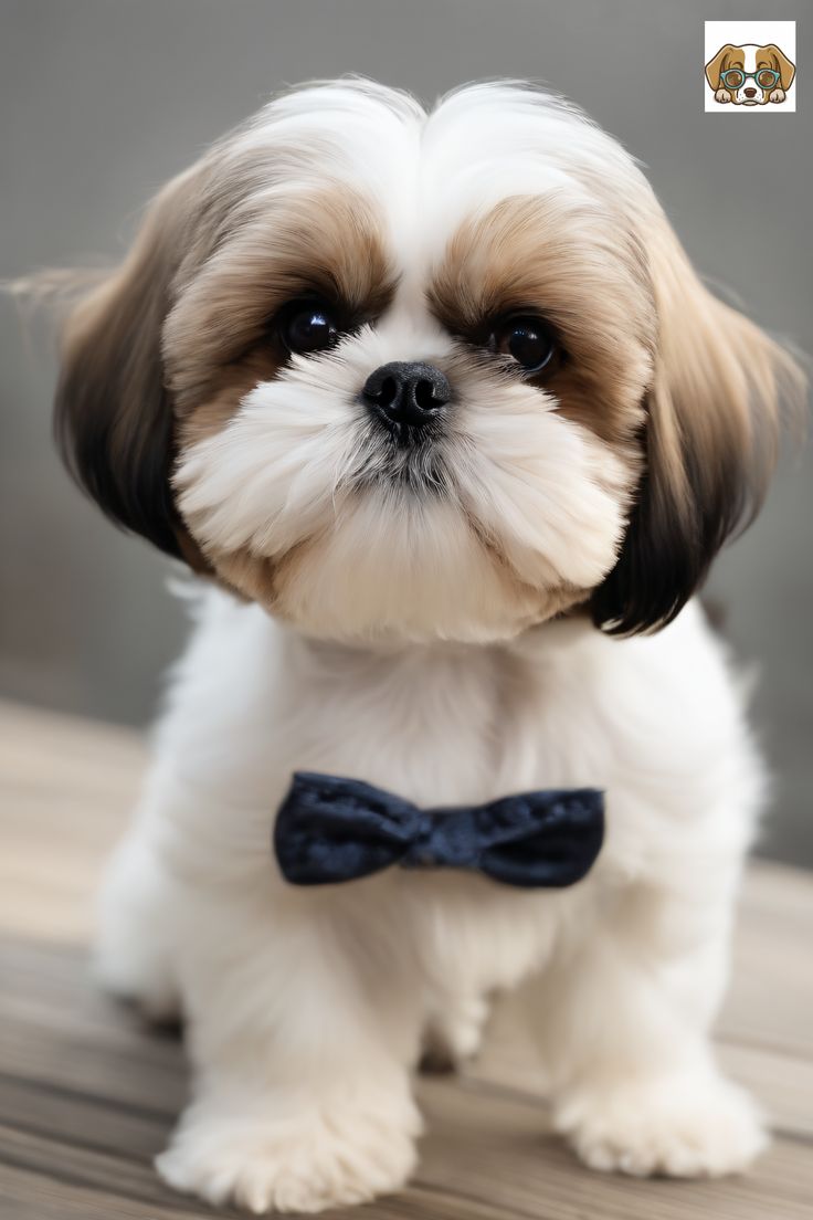 a small white and brown dog with a blue bow tie sitting on a wooden floor