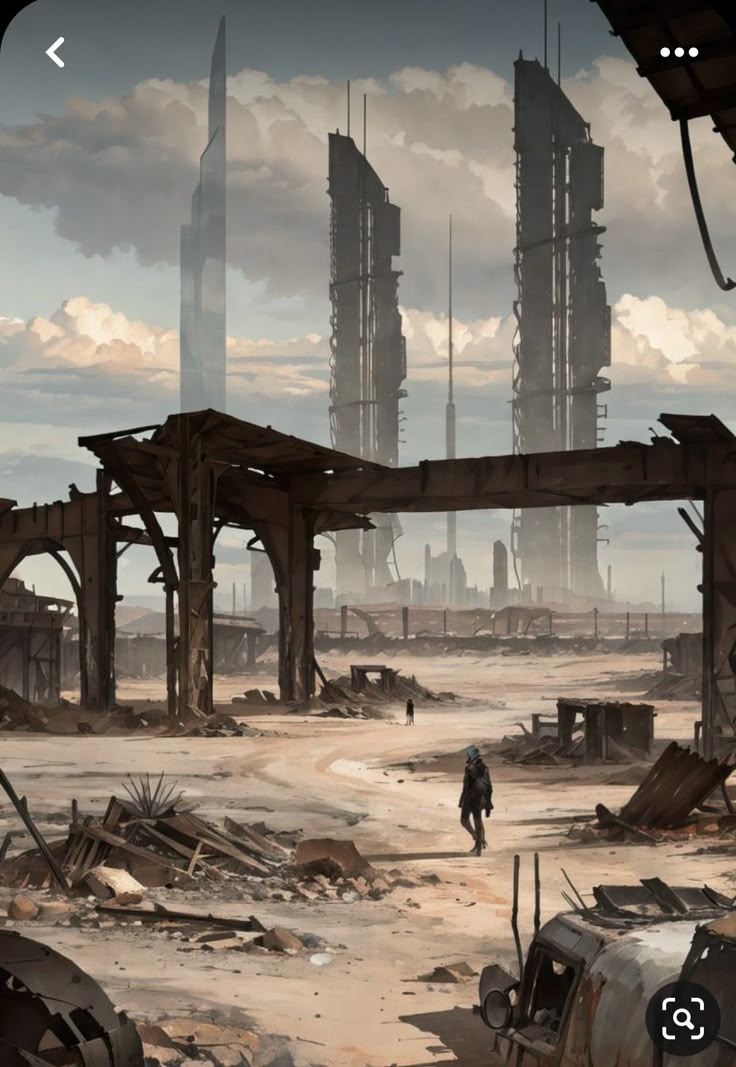 an image of a man walking through a dirty area with buildings in the background and clouds overhead