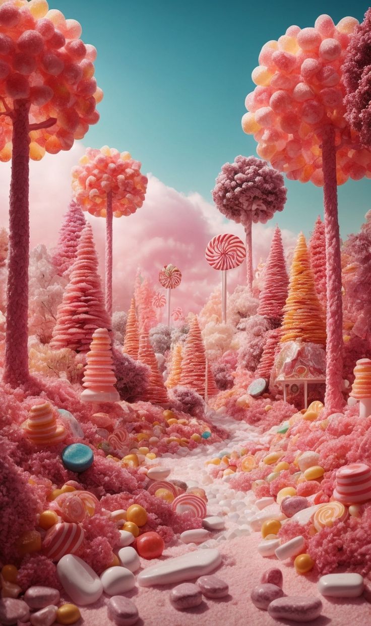 an image of candy land with trees, rocks and candies in the foreground