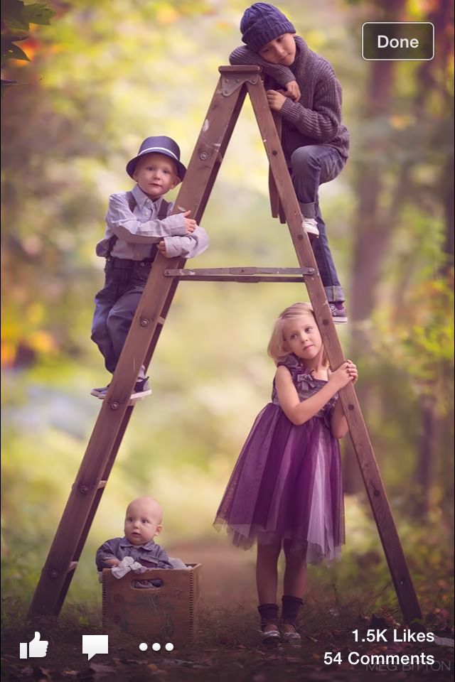 three children are standing on a ladder in the woods