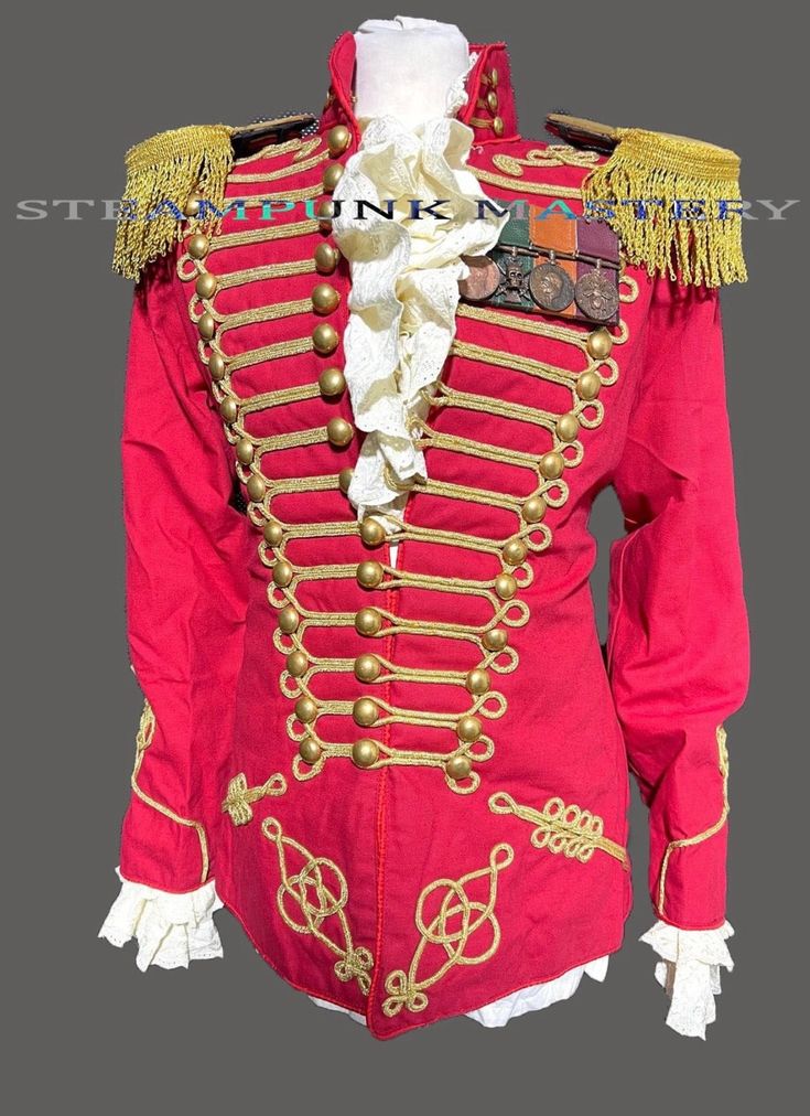 DIn/ #DJ9105BB This is 4pcs outfit  Red with Gold trimming heavy cotton tailored jacket with cotton ruffles shirt, medals & heavy fringed eppaulates are including in this outfit  It has Gold Cord Braiding on the chest and shoulder area. Back of the Waistcoat has brass waist adjuster. Please refer to photos  Waistcoat is Available in  M - 40"(armhole to armhole 42") L - 42" (armhole to armhole 44")  XL - 44" (armhole to armhole 46") XXL- 46"  White ruffle pirate shirt has hand embroidery ruffle w Red Long Sleeve Sets With Buttons, Fitted Cotton Sets With Stand Collar, Royal Ceremonial Fitted Sets, Royal Fitted Ceremonial Sets, Fitted Red Costume Set, Red Fitted Costume Set, Red Fitted Costume Party Set, Fitted Costume Sets For Festivals, Red Fitted Sets For Costume Party