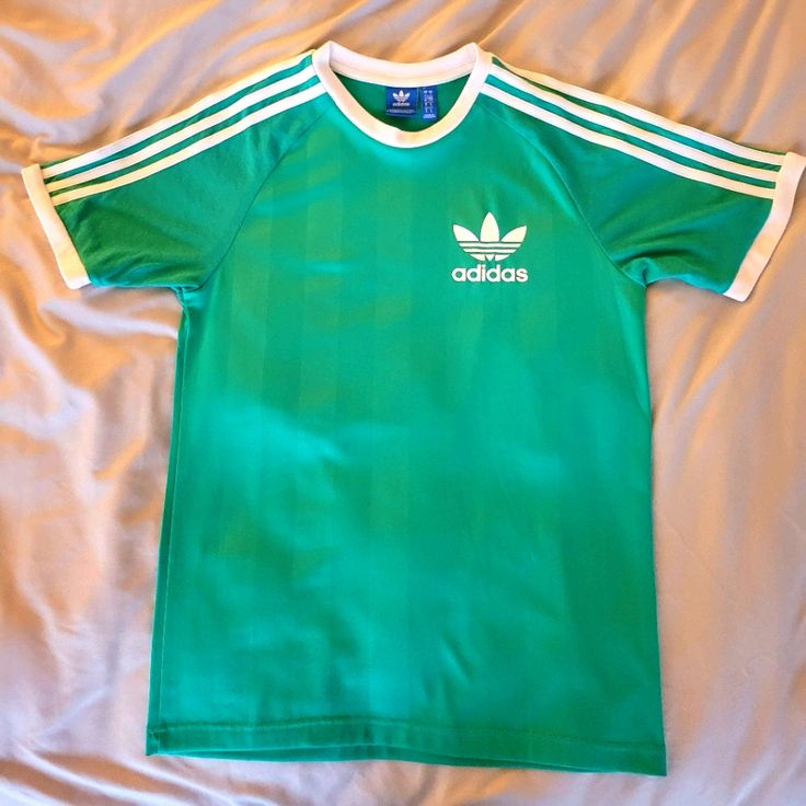 Never Worn Sporty Green Summer Shirt, Green Casual T-shirt With Three Stripes, Casual Green T-shirt With Three Stripes, Green Crew Neck Top With Three Stripes, Green Casual Top With Three Stripes, Casual Green Top With Three Stripes, Green Streetwear Tops With Three Stripes, Green Three Stripes Tops For Streetwear, Green Adidas T-shirt For Streetwear