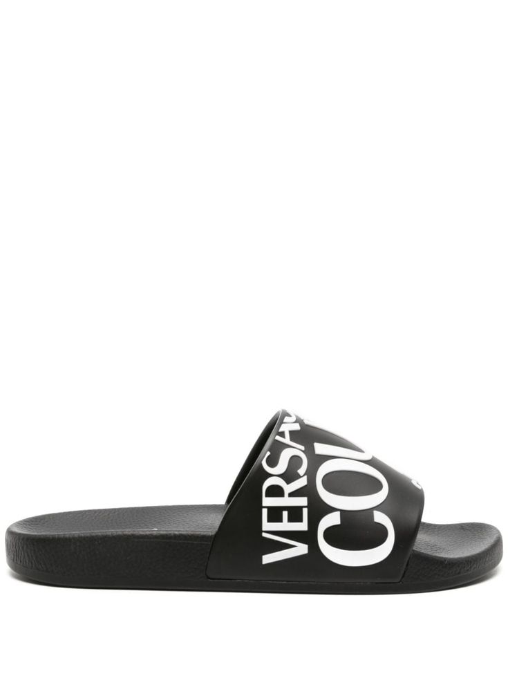 black/white logo-embossed single toe strap round open toe slip-on style textured branded footbed flat rubber sole Versace Jeans Couture, Versace Jeans, Flat Shoes Women, Open Toe, Rubber Sole, Versace, Slides, Slip On, Black White