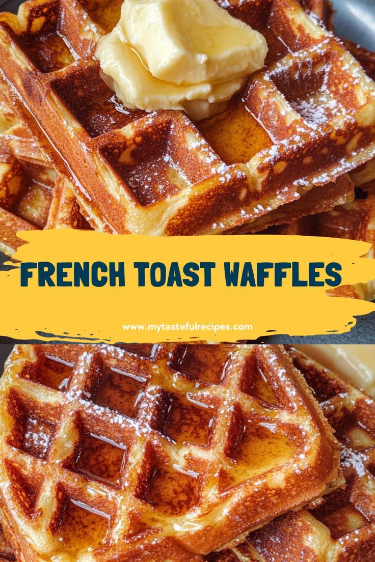 french toast waffles with butter on top and syrup on the side are shown