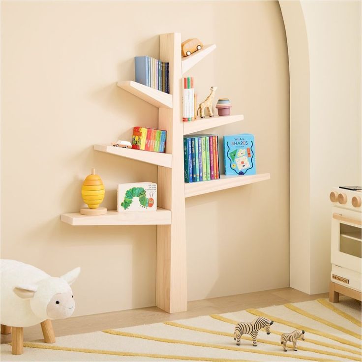 a child's room with bookshelves and toys