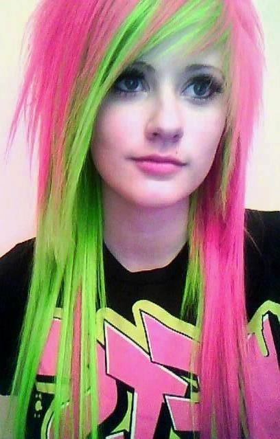 a girl with long pink and green hair