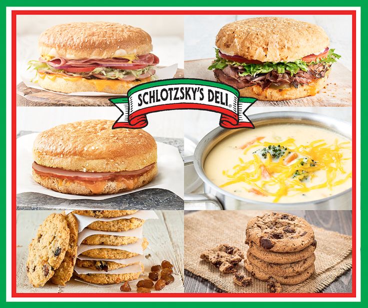 an assortment of sandwiches, cookies and soups are shown in this advertisement for schoolizzy's deli