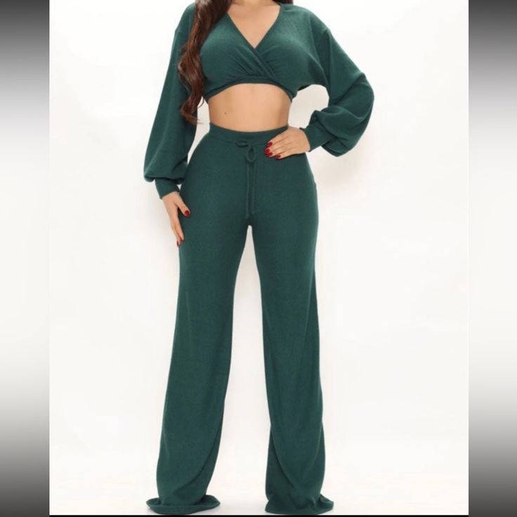 Hacci Pant Set Crop Top V Neck Surplice Long Balloon Sleeve High Rise Pant Faux Front Tie Wide Leg Stretch Inseam: 34” Solid Two-piece Set Bottoms For Night Out, High Waist Two-piece Loungewear Set, Solid Color Two-piece Loungewear Bottoms, Two-piece Loungewear Pants, Fitted Green Pant Set For Loungewear, Trendy Matching Set Bottoms For Night Out, Fashion Nova Pants, Long Balloons, Leg Stretching