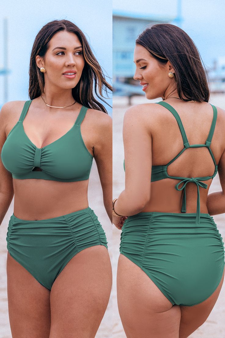 Looking for both style and support in your swimwear? Say hello to our Eucalyptus Green Bikini Top & Tummy Control Bottoms Set. With its refreshing green hue and flattering tummy control bottoms, you'll look cute and confident beachside. Product Code: CAA12A4E091PP/CAA12B4E091PP Features:  Scoop neckline Removable soft cups Knotted front Self-tie back Shirred High-rise waist Tummy control Full coverage bum Pattern: Solid Regular wash Materials: 80%NYLON, 20%SPANDEX Lining: 92%POLYESTER, 8%SPANDEX. Green Underwire Swimwear For Sunbathing, Green Underwire Tankini For Swimming, Green Underwire Swimwear For Pool, Green Underwire Tankini For Beachwear, Green Tie-side Bottom Swimwear, Bra Friendly, Green Bra-friendly Tie-side Swimwear, Green Underwire Tankini For Beach, Fitted Green Underwire Swimwear, Green Tie-side Bottom Swimwear For Pool