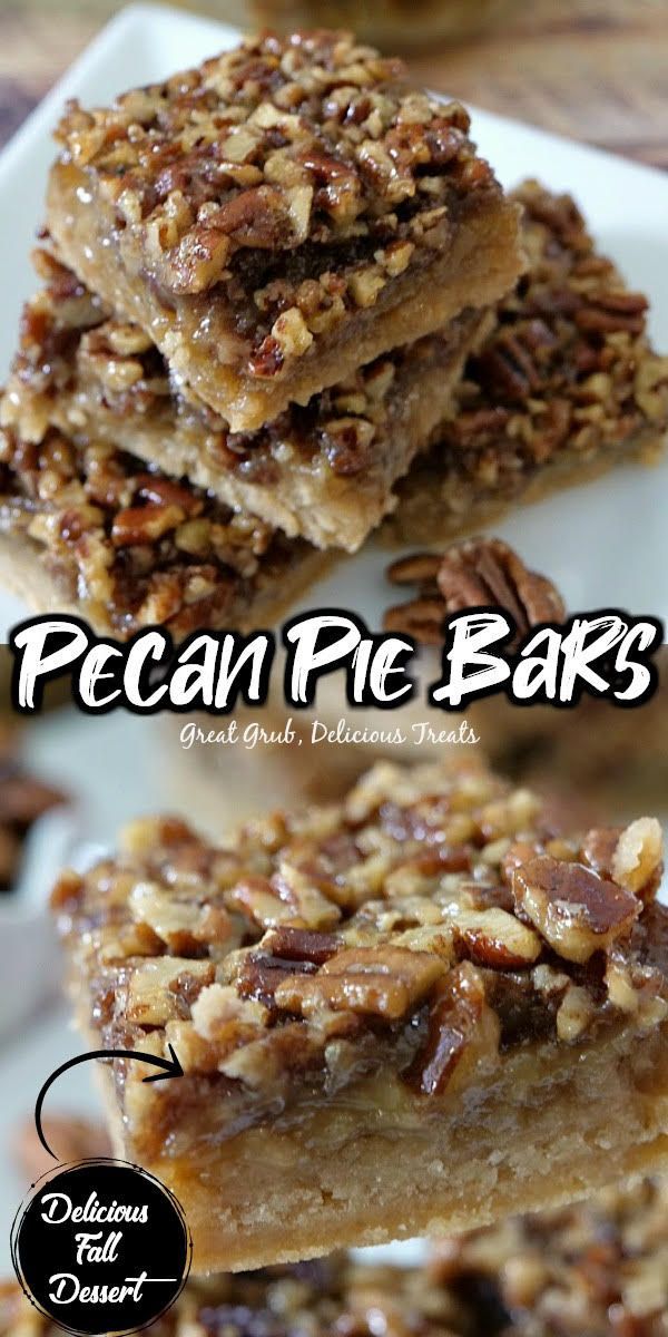 pecan pie bars are stacked on top of each other and ready to be eaten