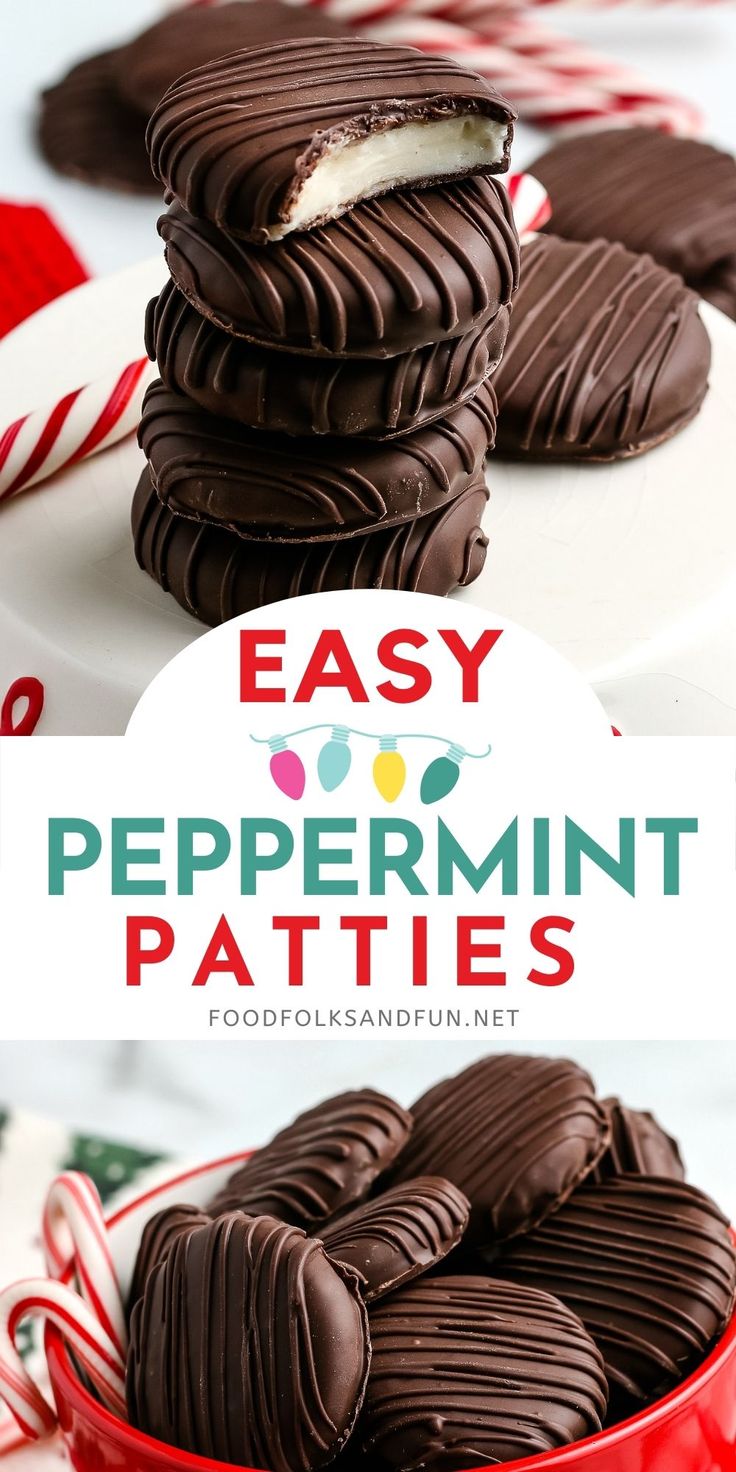 chocolate peppermint patties are stacked on top of each other