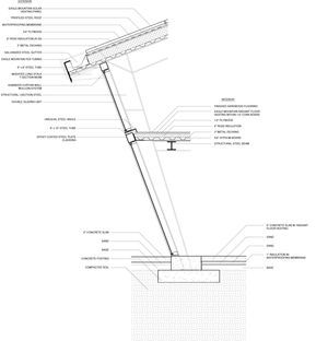 an architectural drawing shows the details of a roof and its surrounding components, including a light fixture