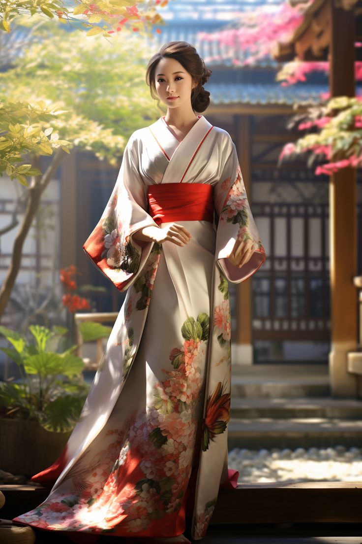 AI art of a young japanese woman wearing a traditional kimono in a traditional japanese courtyard Traditional Dresses Japan, Traditional Dresses Japanese, Japanese Traditional Dress Kimonos, Traditional Japanese Woman Kimono, Japanese Dress Traditional Kimono Japan, Japanese Kimono Hairstyle, Kimono Fashion Traditional, Kimono Traditional Woman, Japanese Kimono Female