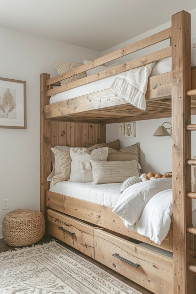 a bedroom with bunk beds and white linens on the bedding, along with a rug