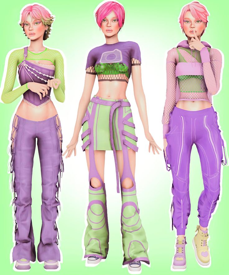 three different colored outfits are shown on a green and white background, including two women with pink hair