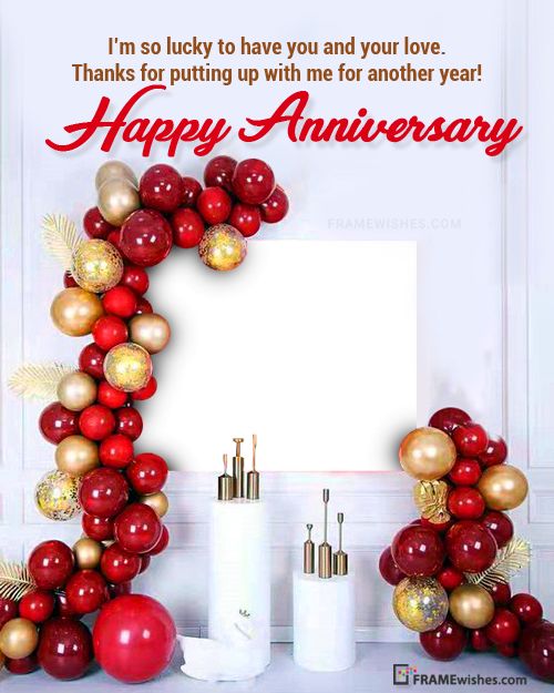 an anniversary card with red and gold decorations