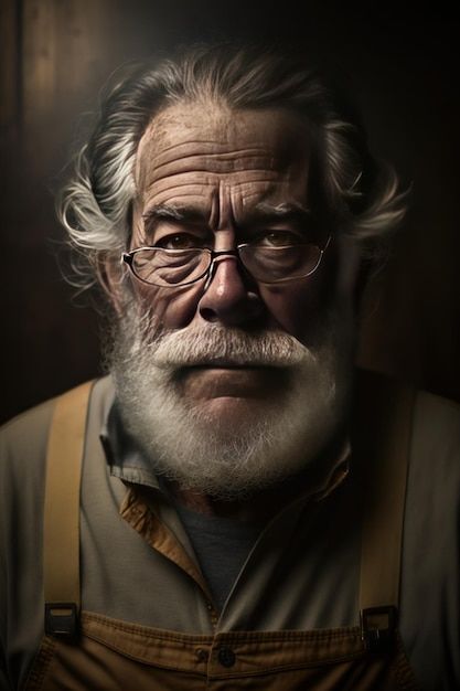 an older man with white hair and glasses is looking at the camera while wearing overalls