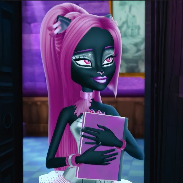 a cartoon character with pink hair holding a book in her hand and looking at the camera