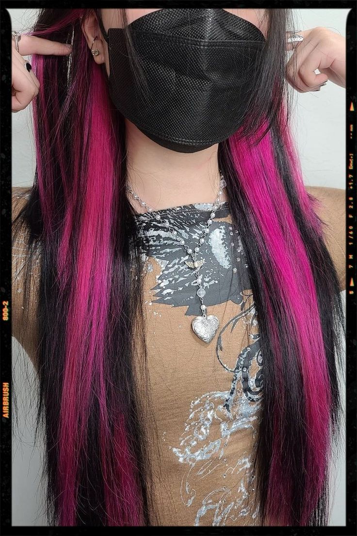 Hot Pink Peekaboo Pink Undercolor Hair, Hot Pink Underneath Hair Brown, Pink Pikaboo Highlights, Black With Hot Pink Highlights, Skunk Dyed Hair Pink, Hot Pink Hair Extensions, Hot Pink Hair Dye Ideas, Hot Pink Peekaboo Highlights, Black Hair And Pink Highlights