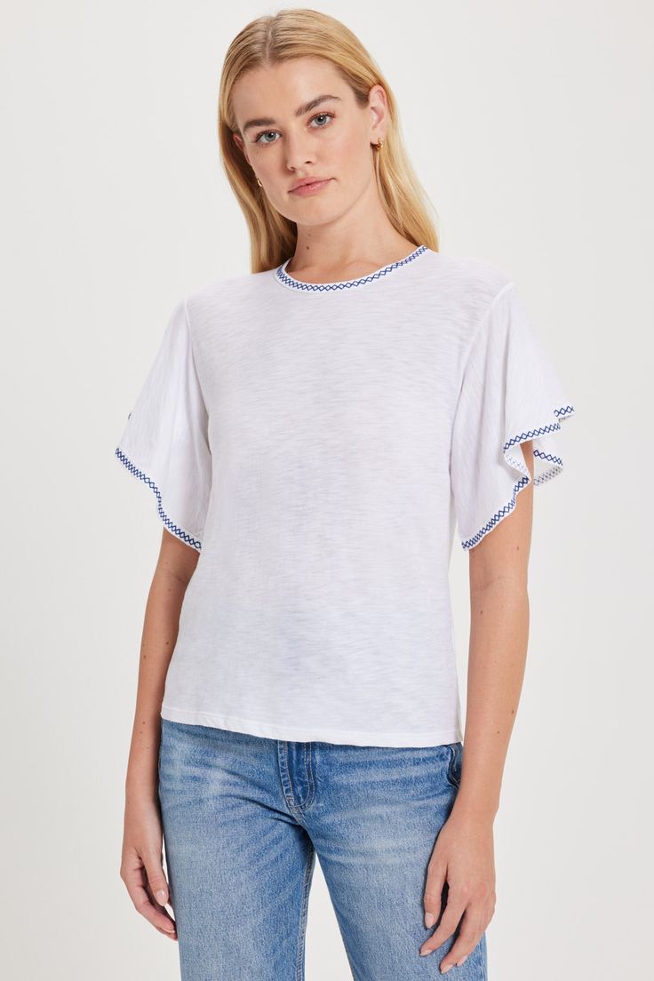 Celeste Embroidered Ruffle Top - Goldie LeWinter Geometric Embroidery, Everyday Luxuries, Soft Tops, Ruffle Top, Pima Cotton, Top Sales, Best Sellers, Everyday Essentials Products