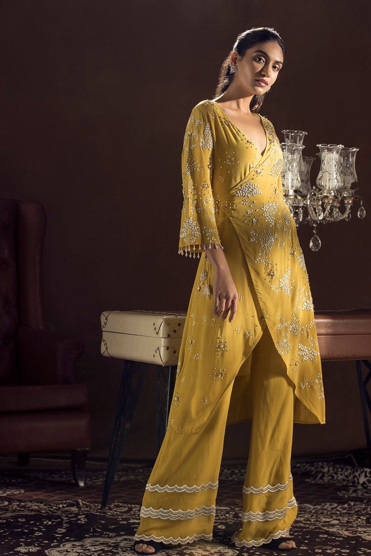 Sanya Gulati-Mustard Kimono Wrap Kurta And Pants-INDIASPOPUP.COM Tassel Sleeves, Kurta And Pants, Indian Bridesmaids, Trendy Outfits Indian, Happy Dresses, Traditional Indian Outfits, Kimono Wrap, Embroidered Pants, Simple Pakistani Dresses